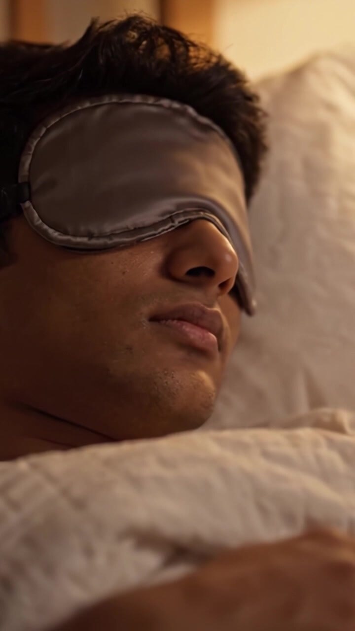 Un riposo notturno sereno: momenti intimi di sonno con una maschera per dormire, che enfatizzano comfort, tranquillità e serenità in un'accogliente camera da letto.