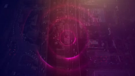 Sky-view-of-city-with-huge-communication-way-with-dark-purple-filter