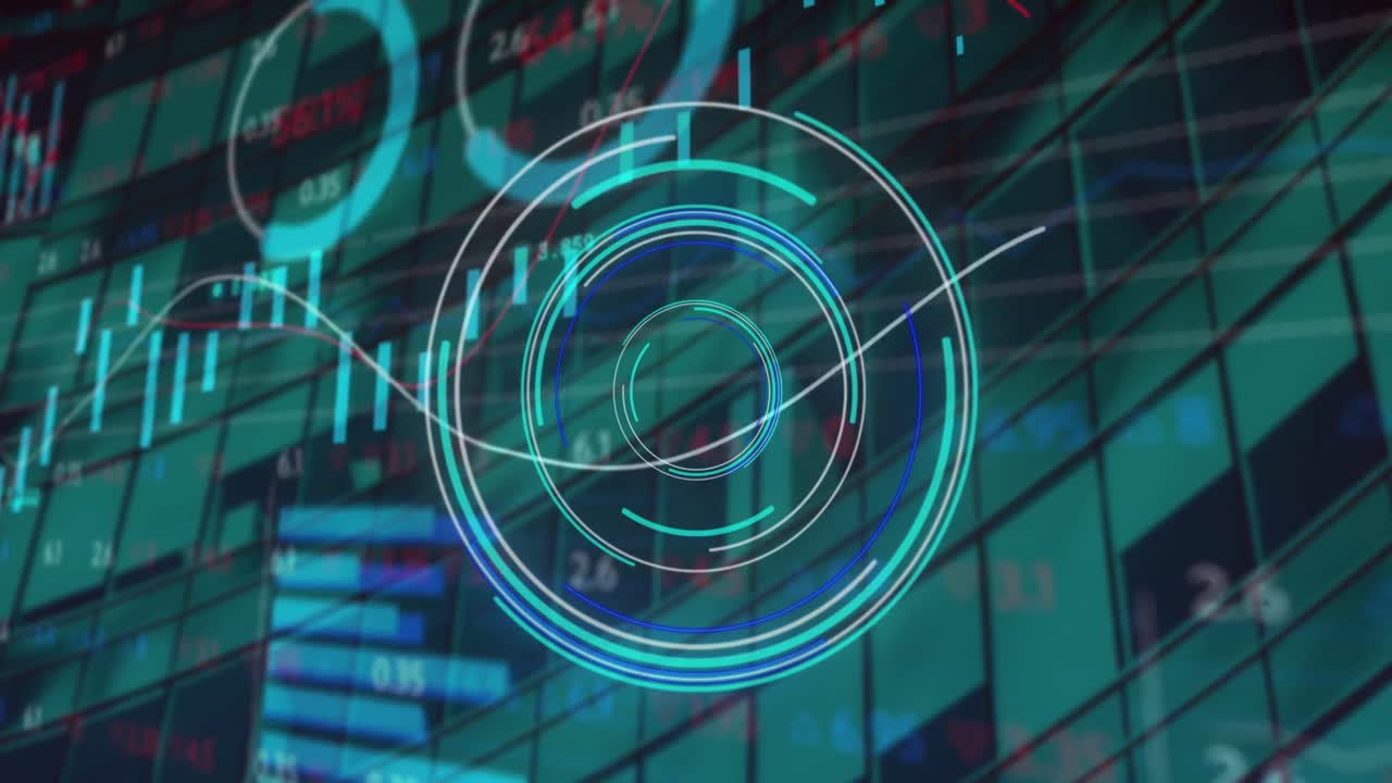 animación del procesamiento de datos financieros y escaneo de alcance sobre edificios modernos.