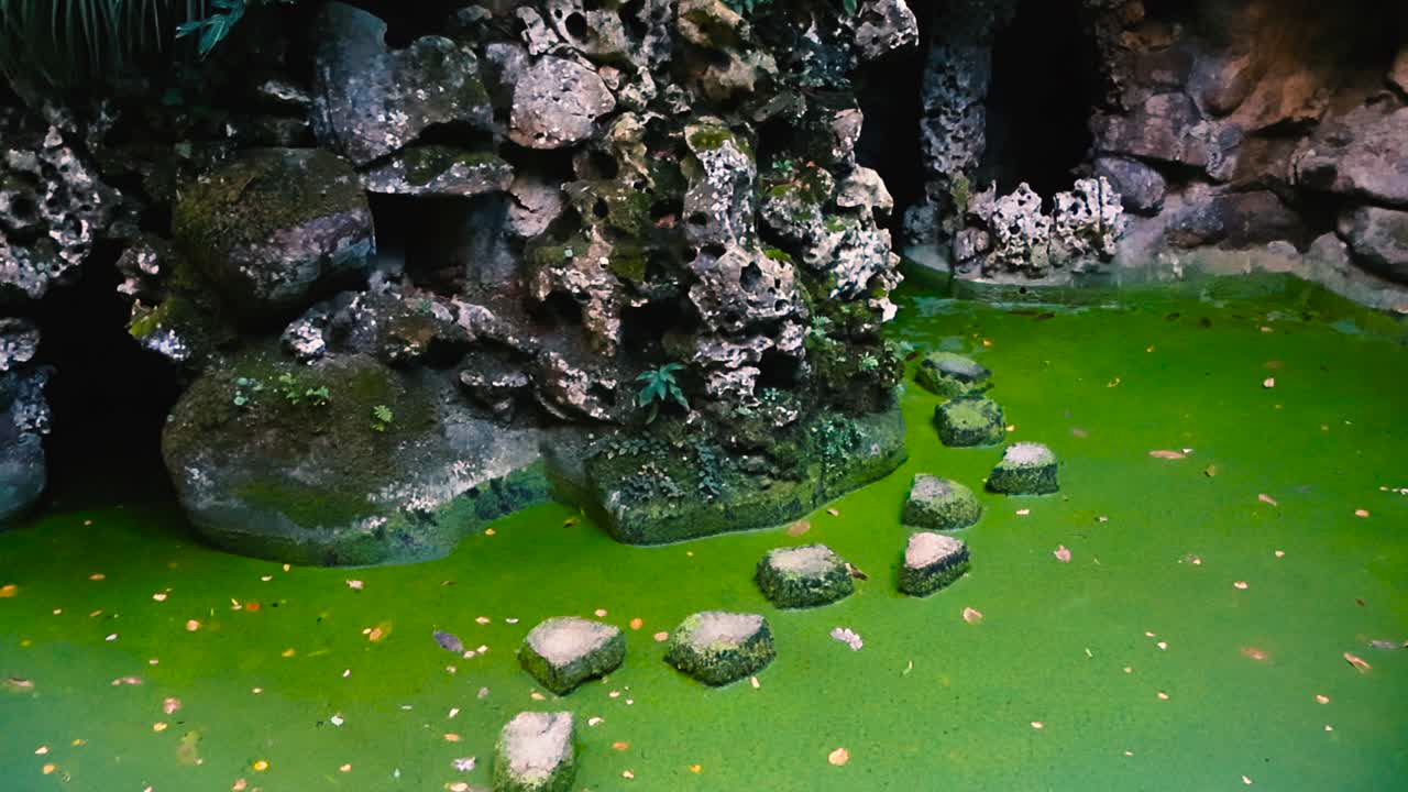Laghetto verde con pietre di passaggio che conducono a grotte ricoperte di muschio, creando una scena da giardino misteriosa e suggestiva, con texture ricche e un'atmosfera calma, degna di un libro di fiabe