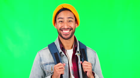 Student-man,-backpack-and-green-screen-with-smile