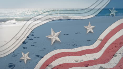 american flag waving over beach waves and sand in animation