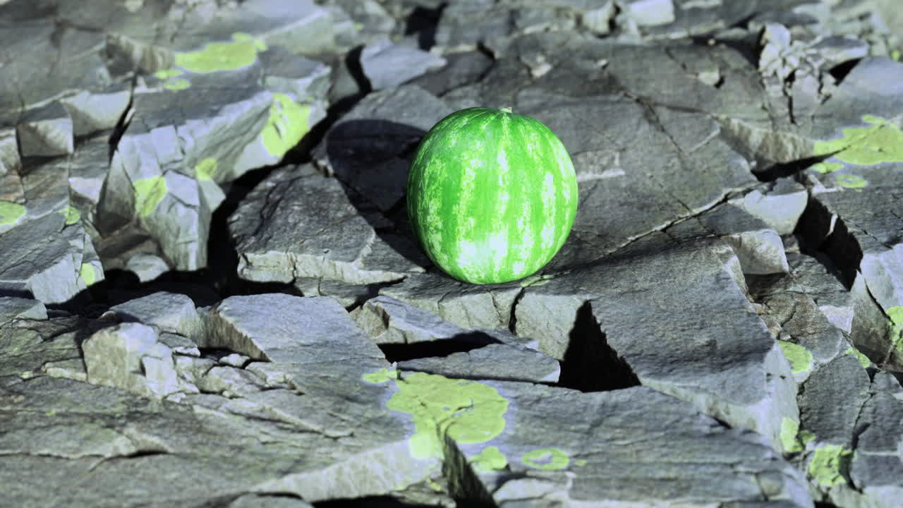 Colorful watermelon on cracked stones showcasing natures contrast