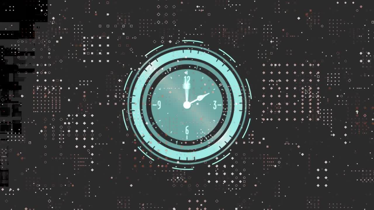 Digital animation of dots pattern against neon clock ticking on black background