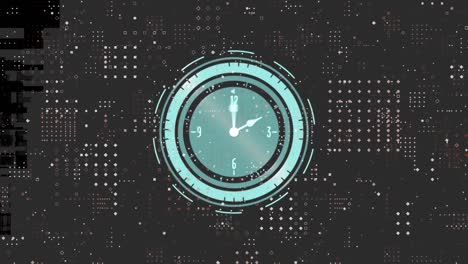 Digital-animation-of-dots-pattern-against-neon-clock-ticking-on-black-background