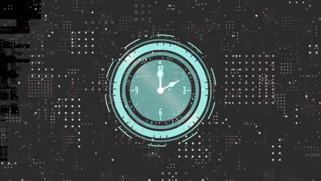 animación digital del patrón de puntos contra el reloj de neón en el fondo negro