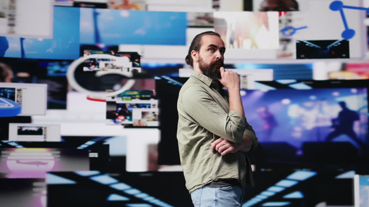 Young adult examines an user interface with multiple social media platforms