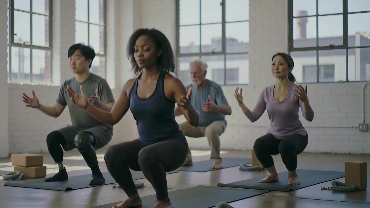 Holding squat, center woman in navy tank guiding classmates into slow squats in studio on mats