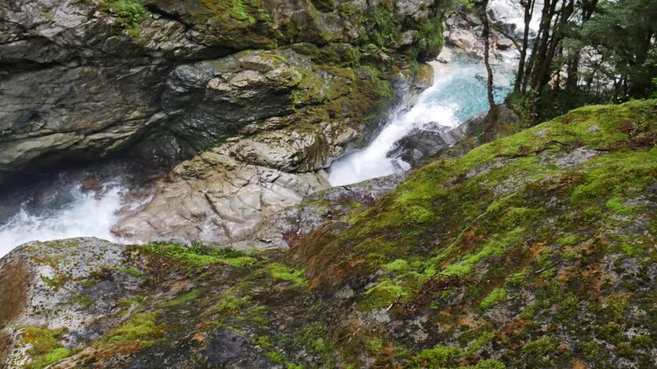 Canyon fluviale della foresta pluviale che termina in una pozza blu