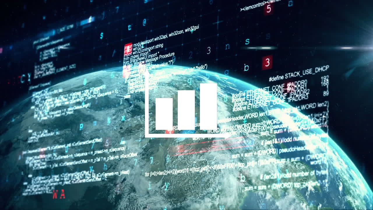 Animation of globe, digital icons and data processing on screens