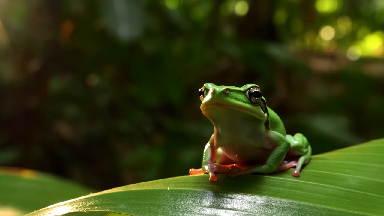 Sunlit close-up of a green tree frog perched on the right foreground of a broad glossy leaf in a tropical understory. Warm directional light highlights the