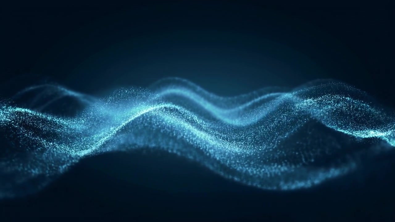 Abstract horizontal ribbon of shimmering blue particles and light trails against a deep navy-to-black gradient backdrop, emphasizing motion and luminescence