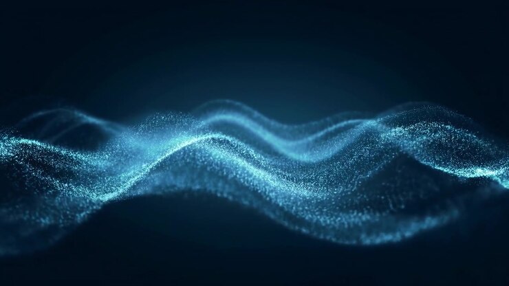 Nastro orizzontale astratto di particelle blu scintillanti e scie luminose su uno sfondo sfumato dal blu scuro al nero profondo, che enfatizza il movimento e la luminescenza