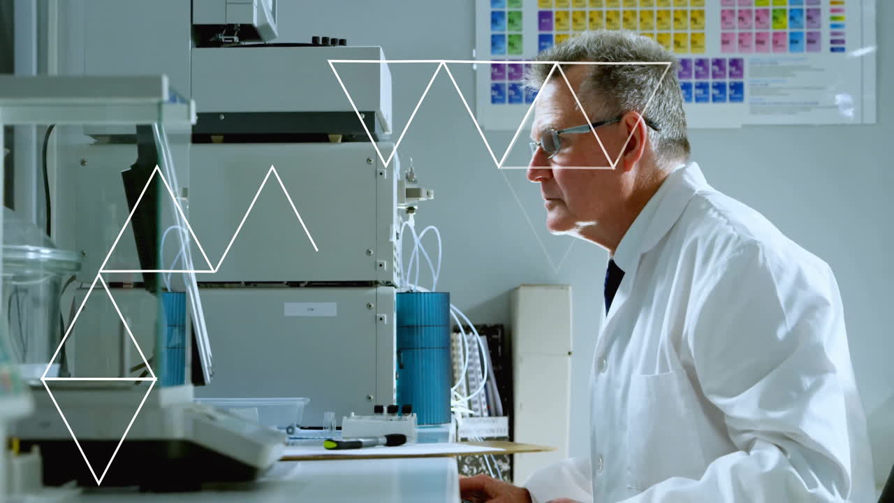 In school laboratory, scientist working with geometric shapes and animation overlay