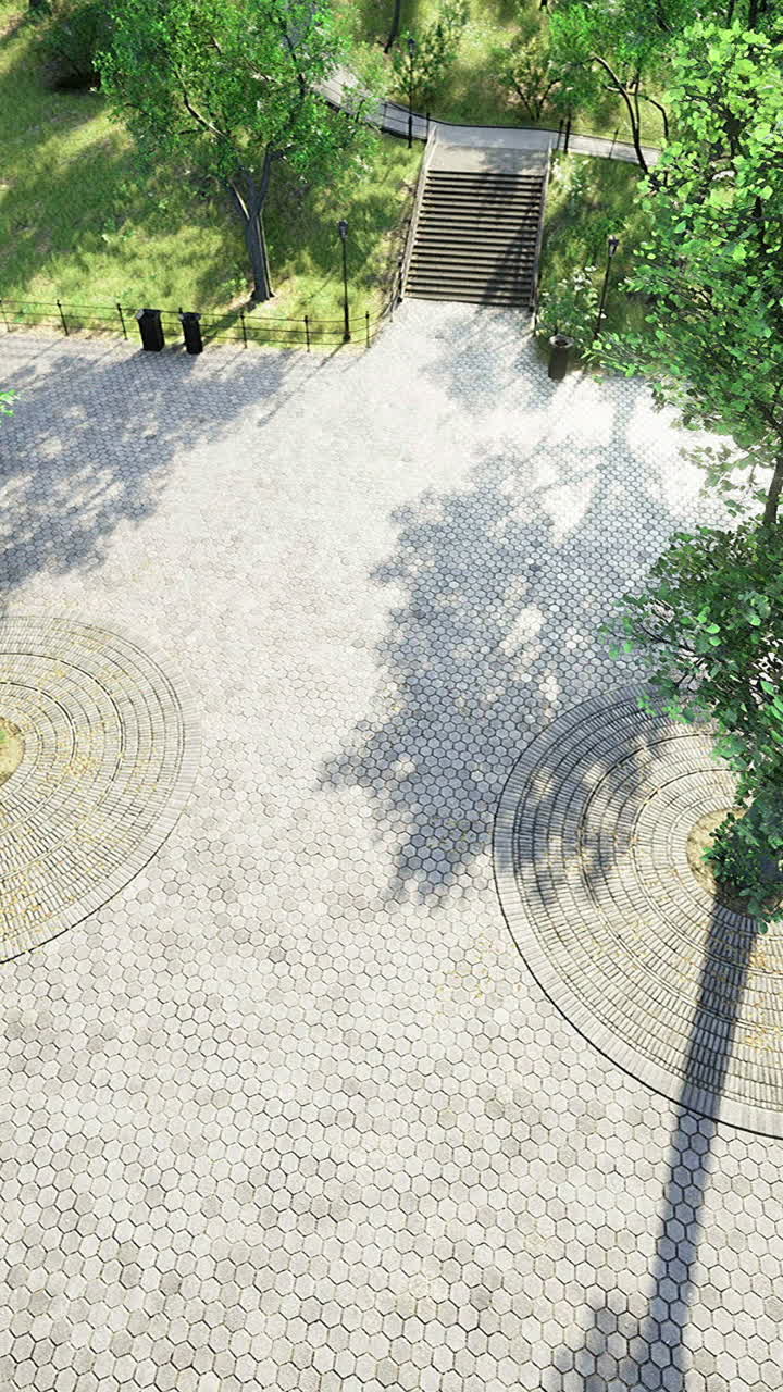 Sunlight dances on paved pathways in urban park surrounded by lush greenery