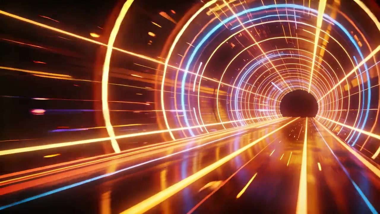 Telecamera in movimento che naviga in un tunnel al neon con anelli concentrici arancioni e blu, accelerando verso un'apertura.