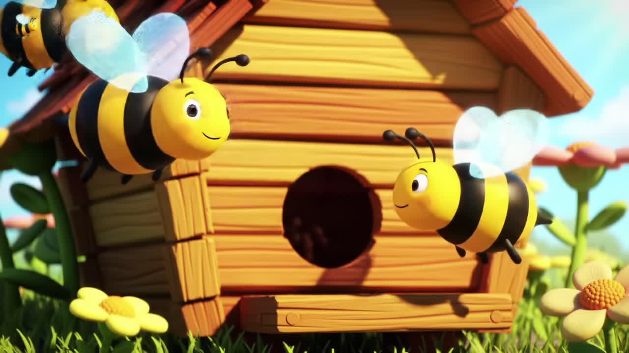A Cheerful Day in the Garden: Animated Bees Buzzing Around Their Colorful Wooden Hive Surrounded by Vibrant Flowers and Bright Sunshine