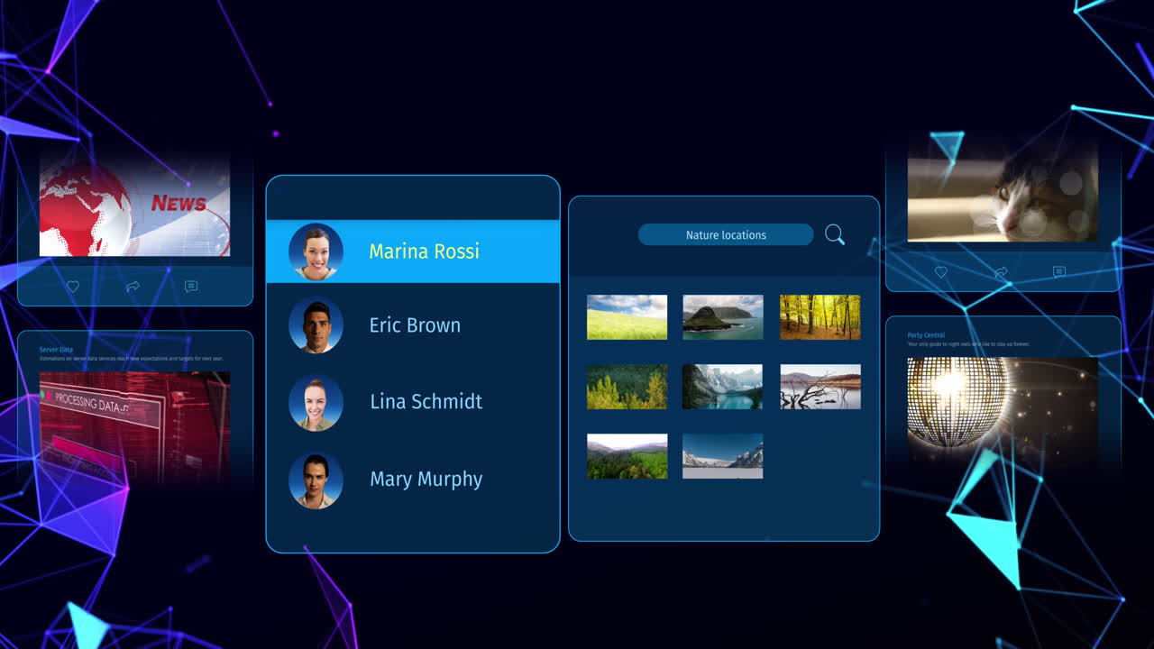 animación de publicaciones en redes sociales y perfiles de personas sobre conexiones en fondo negro