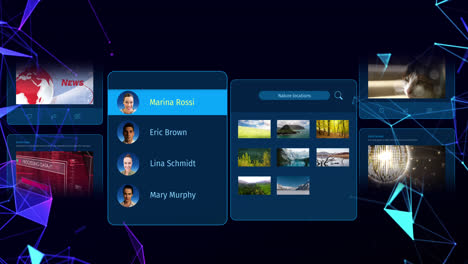 animation of social media posts and people profiles over connections on black background