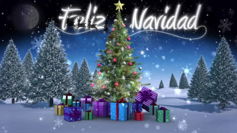 Animation of snow falling and feliz navidad text over christmas tree and santa claus