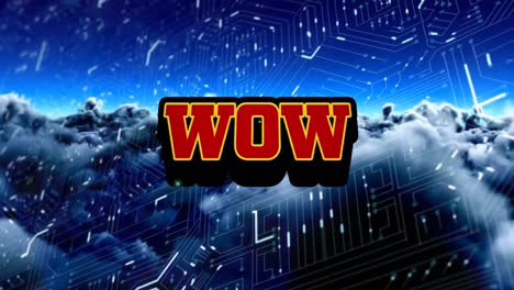 animación de texto wow sobre placa de circuito de computadora y cielo con nubes