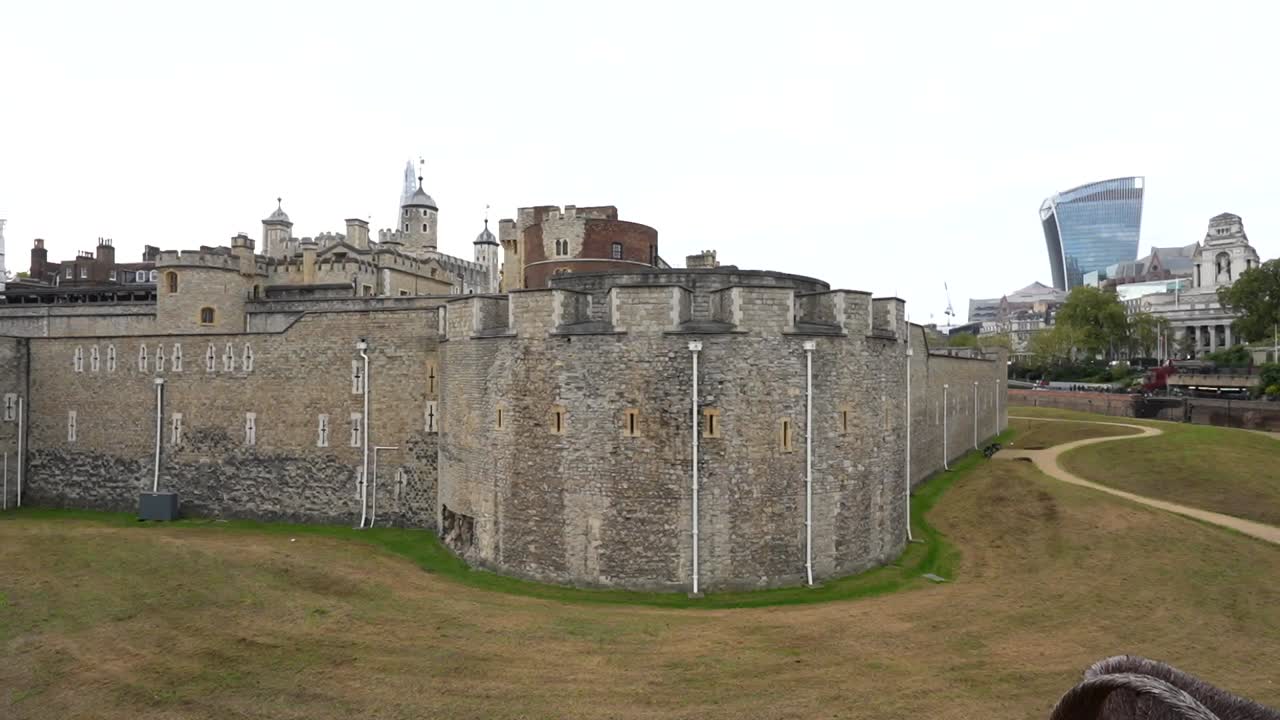 Historic exterior of the Tower of London with medieval stone walls and surrounding green grass