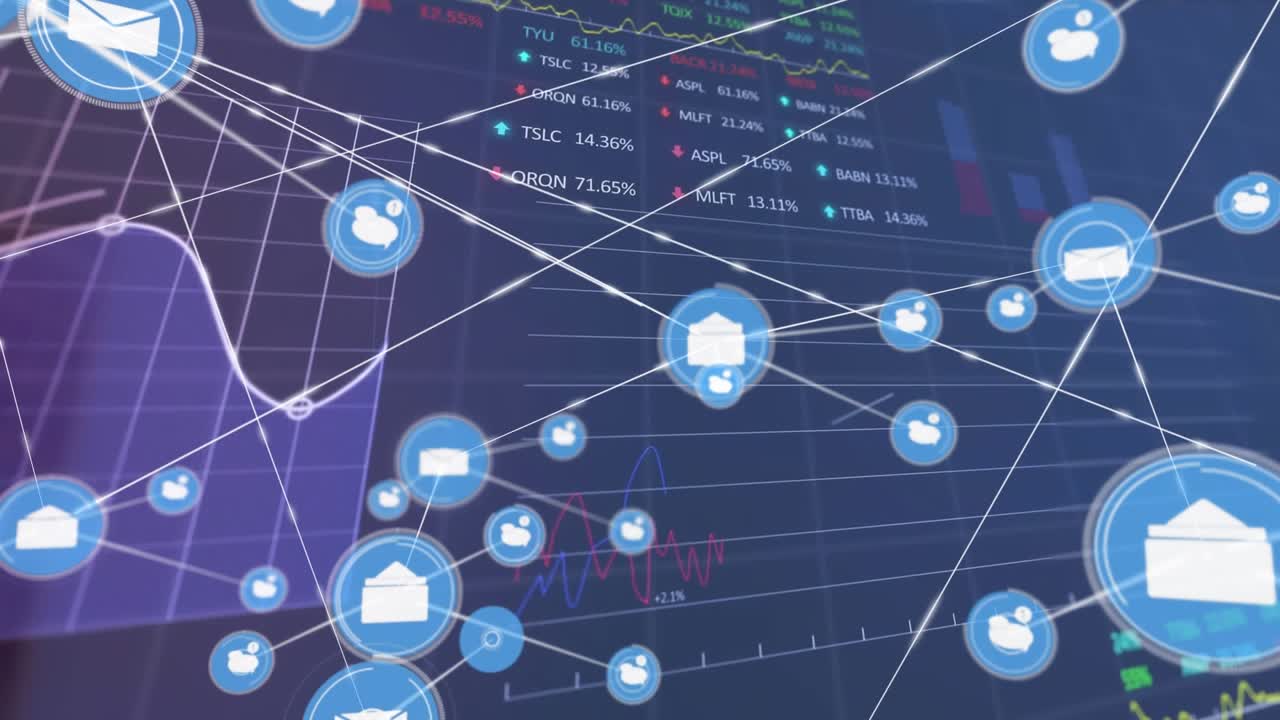 Animation of network of digital icons, statistical, stock market data processing on blue background