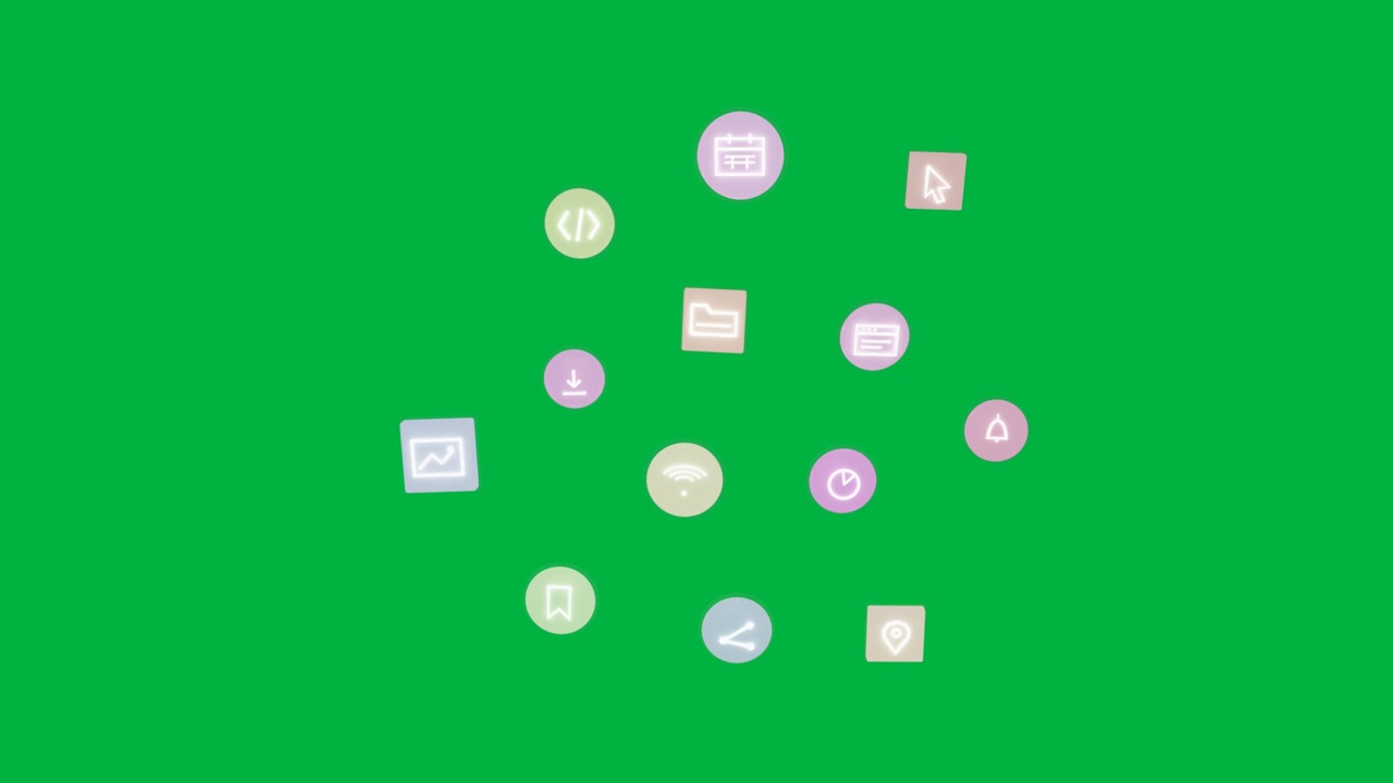 Pink icon appearing, pastel icons entering, forming ring, pulsing, exiting on transparent bg for UI