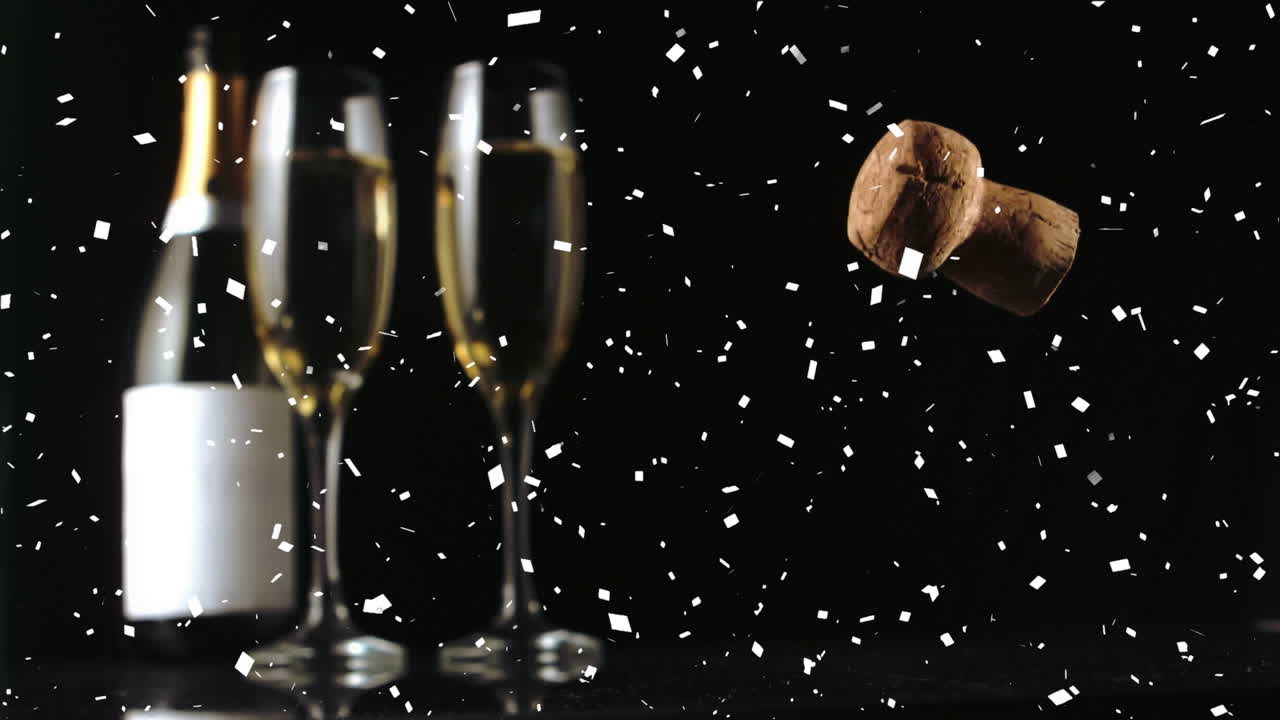 Animazione di coriandoli e tappo che cadono su una bottiglia di champagne e bicchieri su sfondo nero