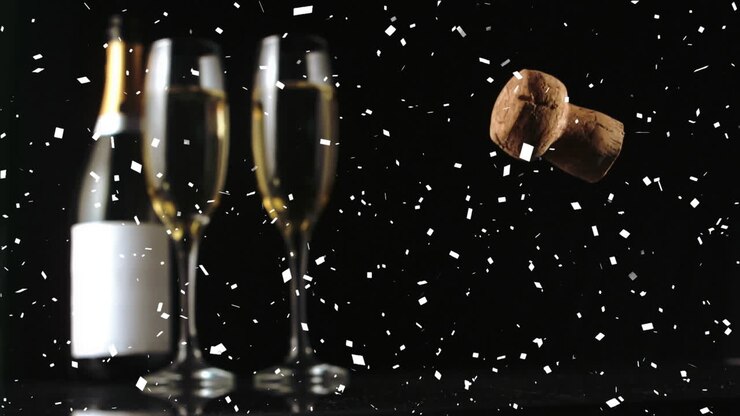 Animazione di coriandoli e tappo che cadono su una bottiglia di champagne e bicchieri su sfondo nero