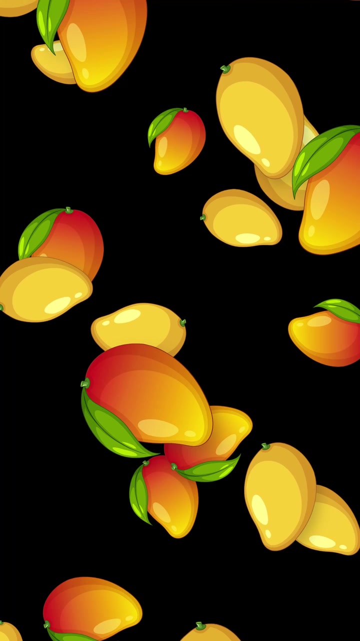 Mango colorati in stile cartone animato cadono verticalmente su uno sfondo nero solido in un loop continuo.