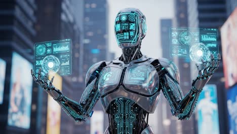 a futuristic robot manipulating holographic displays in a cybernetic urban environment, showcasing advanced technology and artificial intelligence