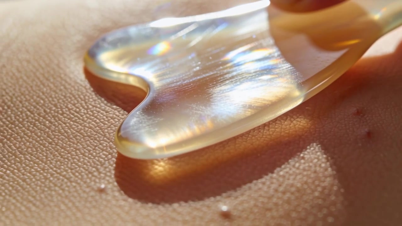 Dito che posiziona e fa scorrere un cuore di gua sha traslucido, premendo e scorrendo sulla pelle per un massaggio