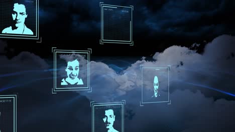 анимация обработки данных с различными людьми портреты над небом с облаками