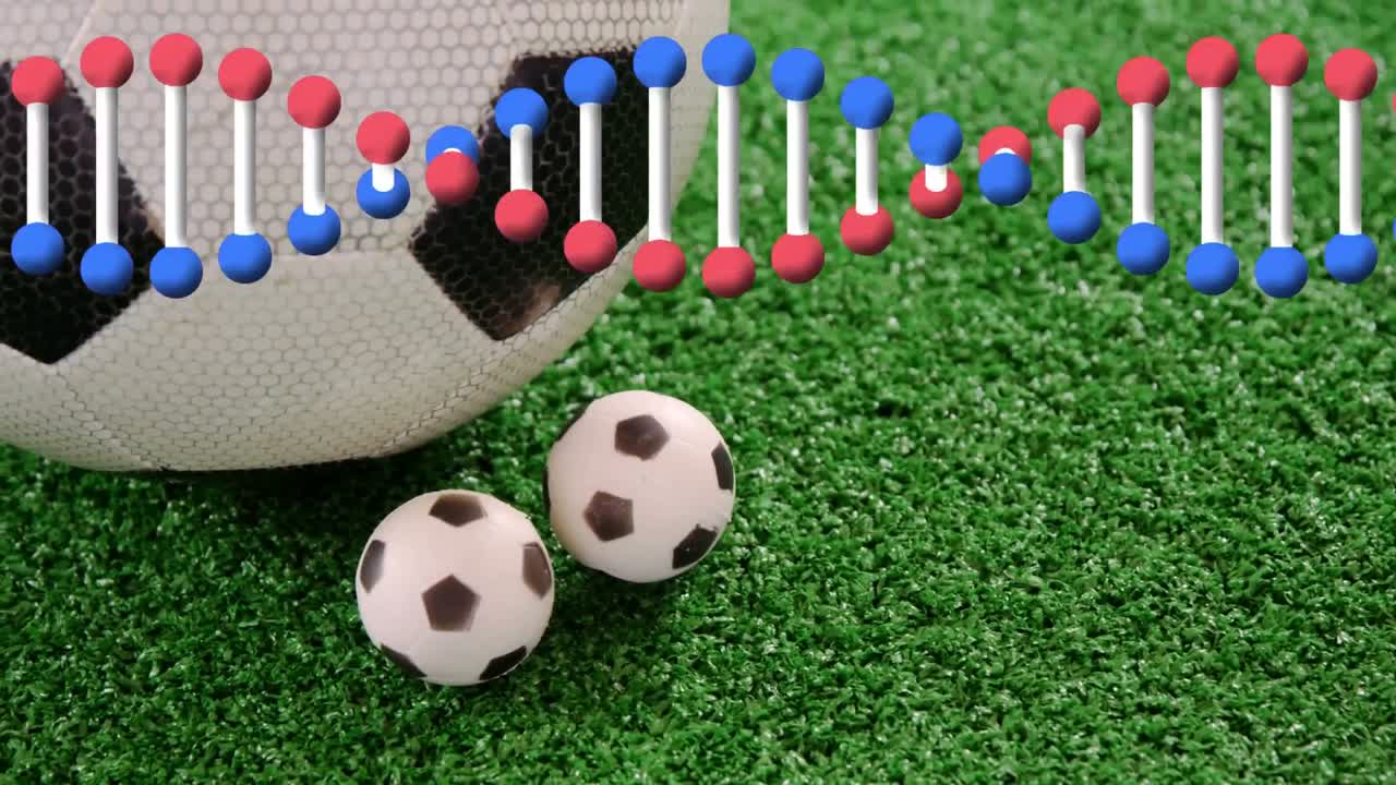 animación de una cadena de adn girando sobre pelotas de fútbol