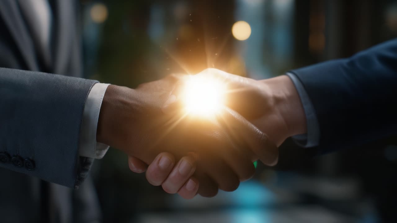 A Powerful Business Partnership: The Moment of Connection Represented by a Handshake Illuminated, Signifying Trust and Collaboration in a Professional Setting