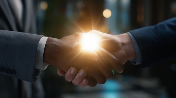 Una partnership aziendale efficace: il momento della connessione rappresentato da una stretta di mano illuminata, che simboleggia fiducia e collaborazione in un ambiente professionale