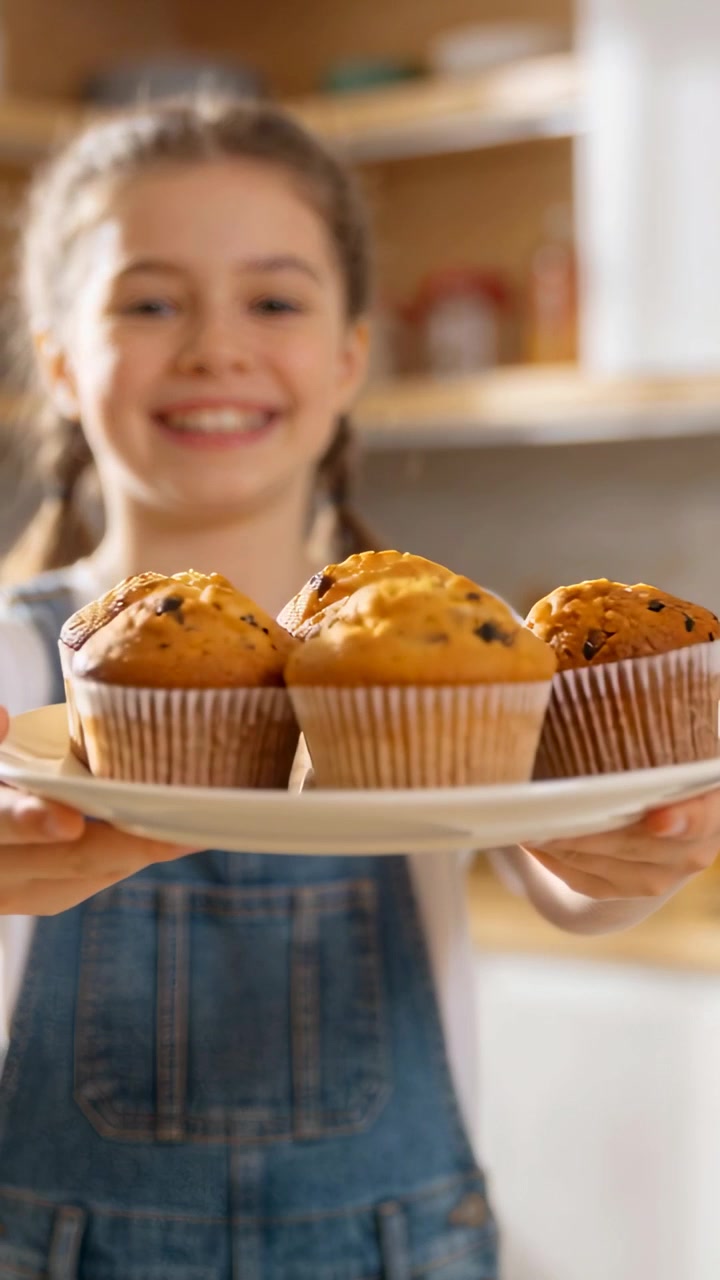 Video verticale: Sorridendo alla telecamera, preadolescente in salopette che offre muffin su un piatto alla telecamera a casa.