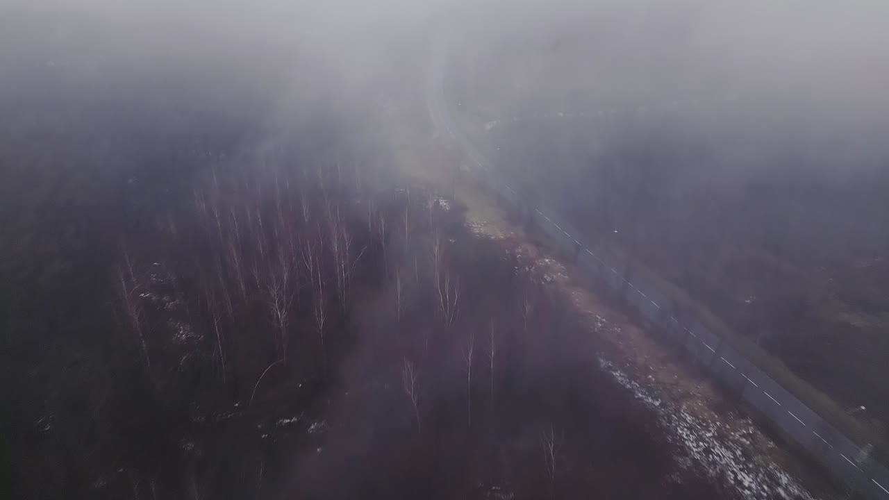 Zpětný letecký záběr sledující tichou silnici lemovanou holými zimními stromy mizícími v mlze. Vhodné pro vizuály izolace, cesty a atmosférického prostředí.