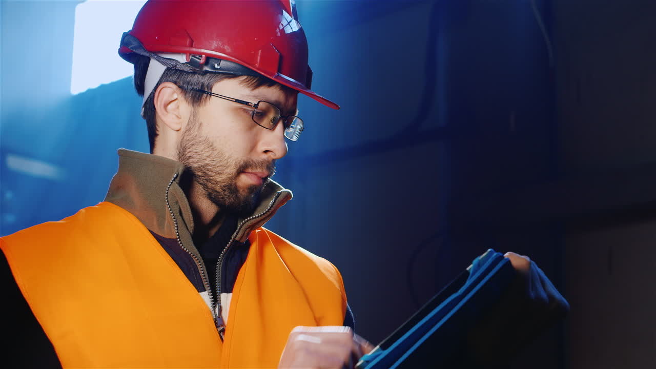 un ingeniero trabaja en un almacén y usa una tableta 13