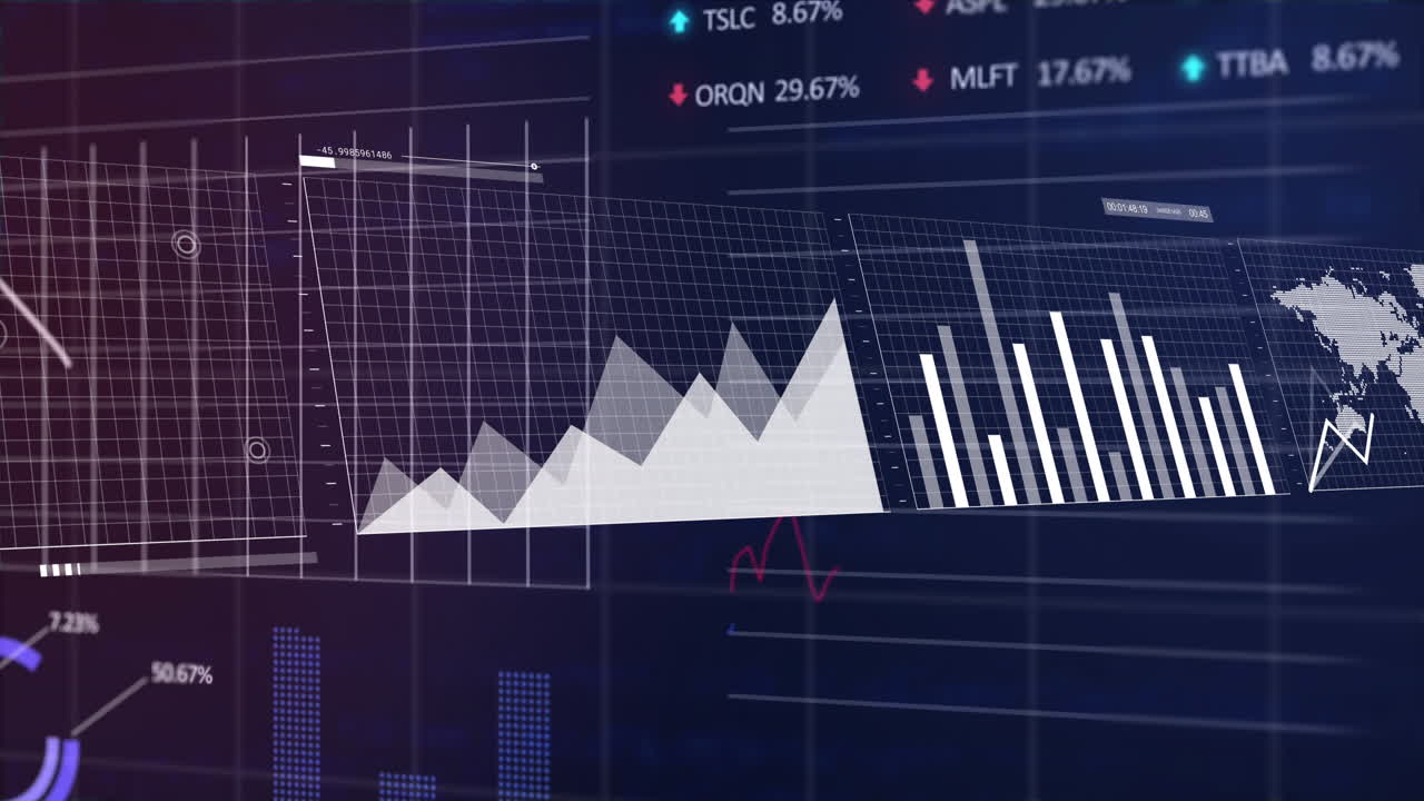 animación del procesamiento de datos estadísticos y del mercado de valores contra un fondo azul