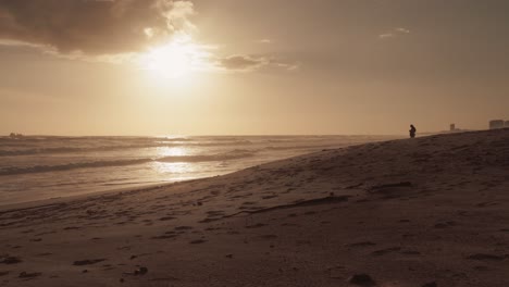 sandy beach as a copper sun begins to set over the sea viewed by a silhouetted person