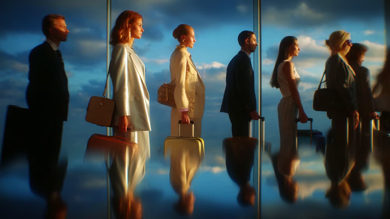 A Diverse Group of Professionals Stand Together in a Sophisticated Setting, Reflecting Ambition and Determination as They Prepare to Embark on Their Individual Journeys, with Stylish Attire and Luggage in Hand