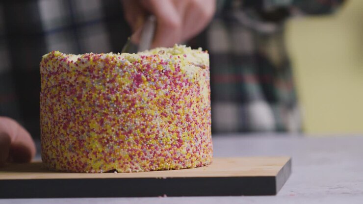 Close Up Shot Of Person At Home Cutting Slice From Rainbow Celebration Cake On Table 3