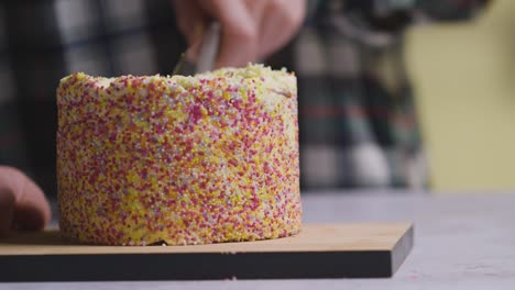 close up shot of person at home cutting slice from rainbow celebration cake on table 3