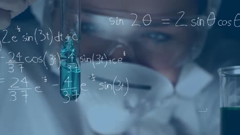 Animation-of-mathematical-equations-over-female-scientist-holding-test-tube