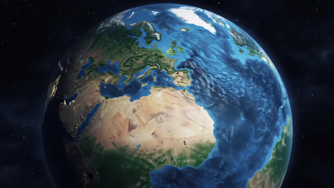 A Stunning View of Earth from Space Highlighting Diverse Geographies, Vegetation, and Water Bodies Dazzling in Color Under Starry Background