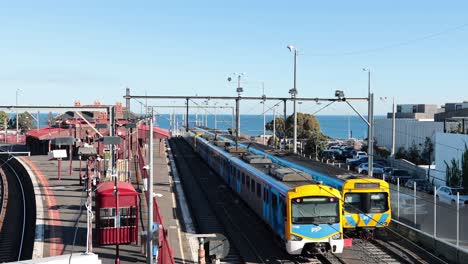 two trains passing by brighton beach station