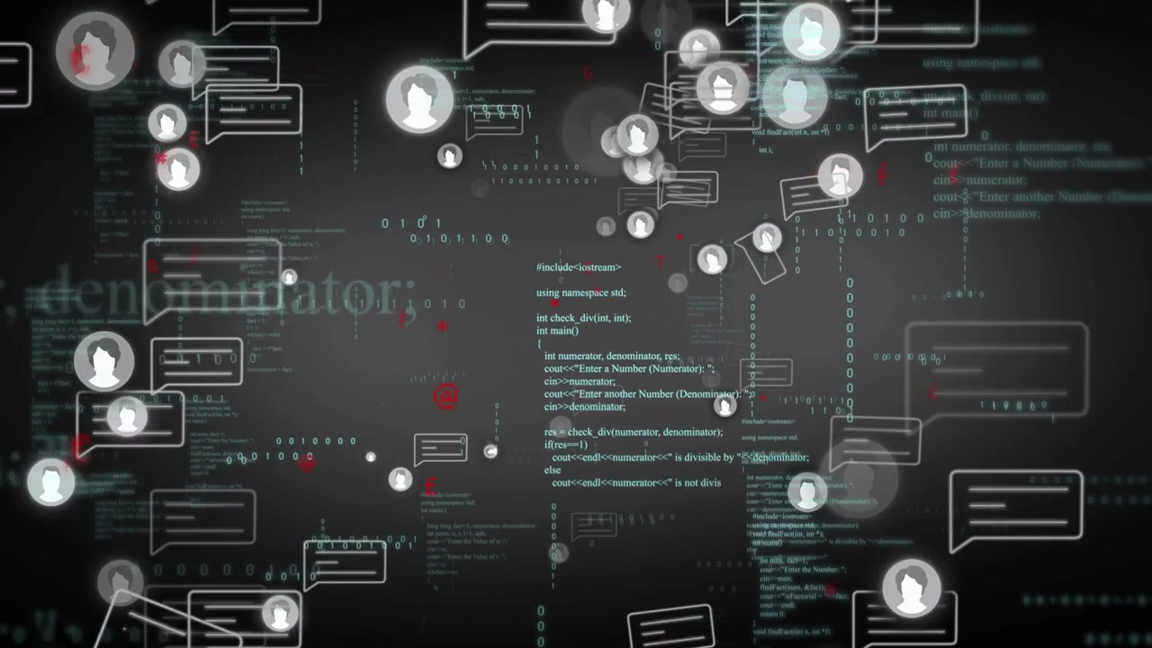 Avatar icons, chat bubbles being animated by new bursts, clustering, drifting, showing network flow