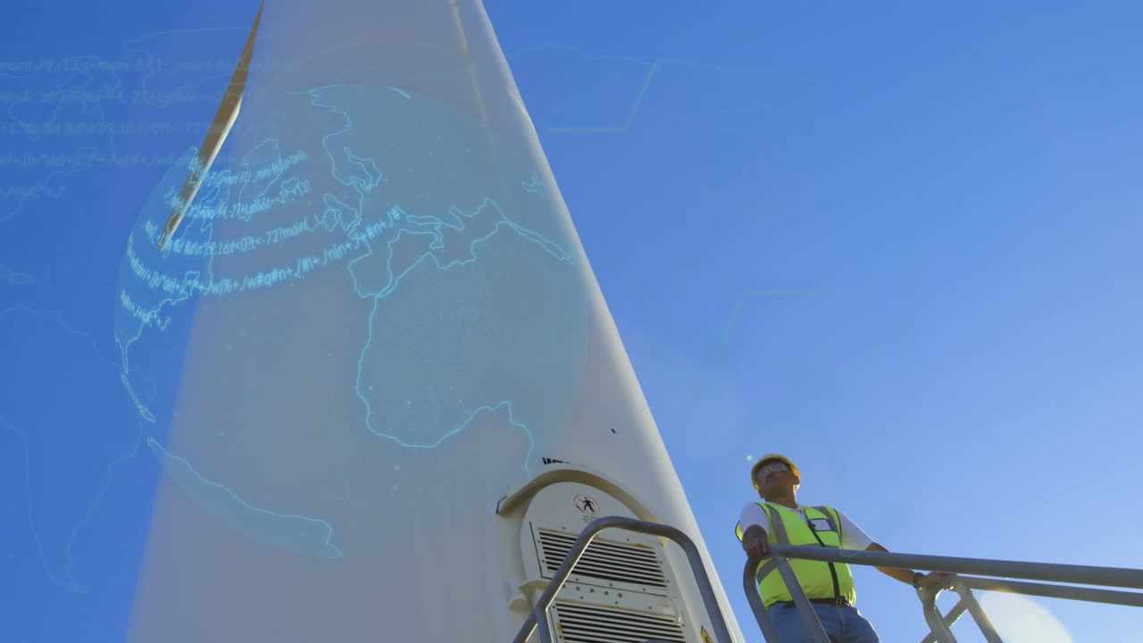 시골에 있는 엔지니어와 풍력 터빈 위의 지구의 애니메이션